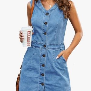 Sleeveless V Neck Button Down Frayed Hem Short Denim Dress